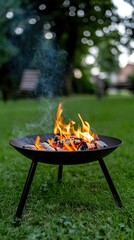 A vibrant fire pit burns with lively flames, sending wisps of smoke upward in a lush green yard as the sun sets, perfect for evening gatherings and warmth.