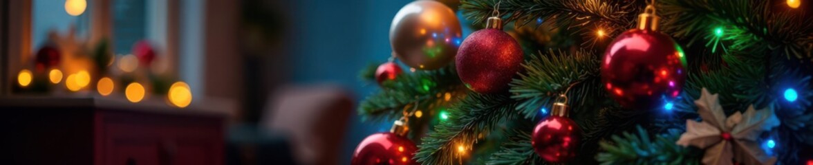 Christmas tree lit with colorful LED lights, surrounded by ornaments and garlands ,  festive,  christmas tree