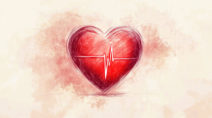 Stylized red heart with pulse line, symbolizing love, cardiology, emotional health, and appreciation of life.