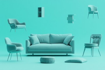 Teal Living Room Scene, Floating Furniture, Minimalist Interior