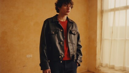 Stylish Young Man In Leather Jacket Posing Indoors Against Textured Wall With Window
