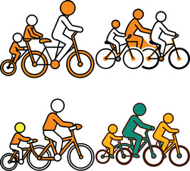 Fototapeta premium Family Cycling Vector Icons: People Riding Bicycles Together