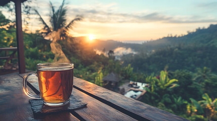 Serene Sunrise Over Tropical Landscape with Tea in Glass Cup