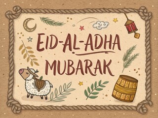A heartwarming and festive Eid Al-Adha Mubarak greeting card featuring a hand-drawn style.