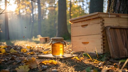Golden Honey Jar in Sunlit Autumn Forest – Rustic Still Life V1