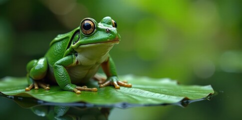 Naklejka premium Frog sitting on a lily pad, calm, green