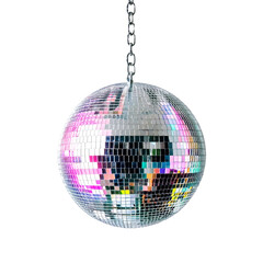 Obraz premium a classic disco ball hangs from a silver chain against a plain white background, reflecting a distorted image of a person.