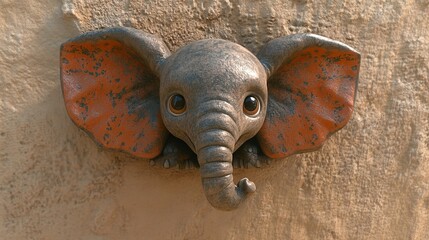 Cute elephant head sculpture on textured wall