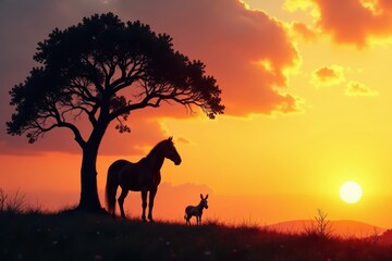 Horse and donkey silhouettes against tree, silhouette, horse