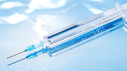 A visually striking close-up of a syringe ready for administration, featuring glimmers of light reflecting off the liquid inside. The composition allows ample room for text, making it ideal for