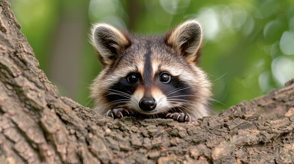 Obraz premium Inquisitive Raccoon Face Emerging from Woodland Tree
