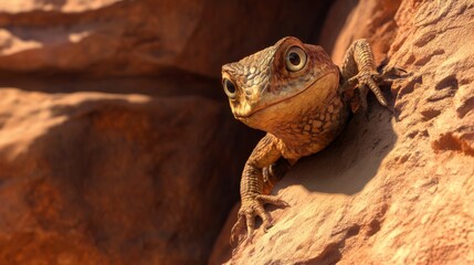Close up of a lizard on a rock face basking in the sun