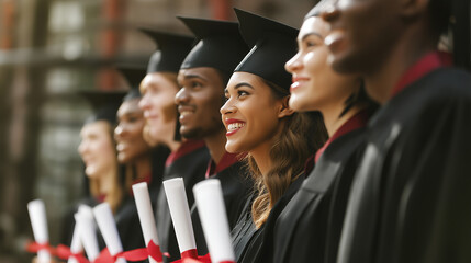 Happy diverse group of young graduates in academic caps and gowns smiling and holding diplomas outdoors during graduation ceremony with university background, education and achievement