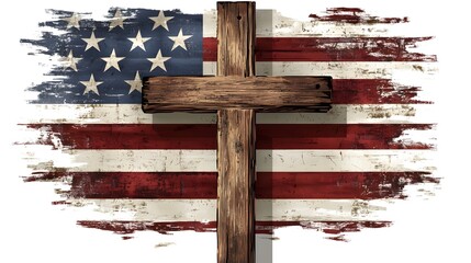 American Wooden Cross with Flag Background Symbolizing Patriotism and Honor