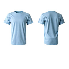 a studio shot displays both the front and back views of a light blue, short-sleeved t-shirt on a white background.