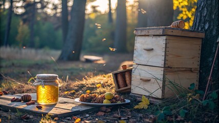 Golden Honey Jar in Sunlit Autumn Forest – Rustic Still Life V2