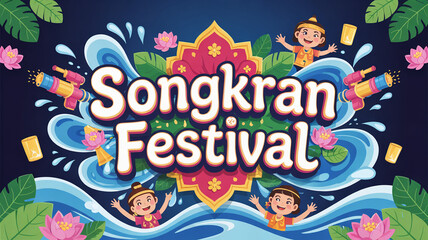 Vibrant 3D poster celebrating Songkran festival with happy children joyfully splashing and playing water during holiday