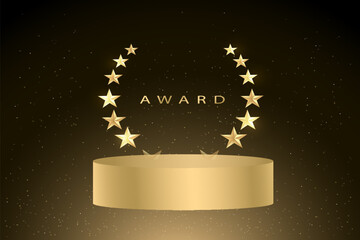 Gold or yellow award podium with light laurel wreath on a black background. Set of various golden and luxurious laurel wreaths. 3D realistic vector illustration. Eps 10