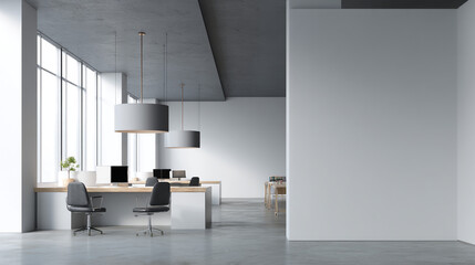Fototapeta premium A modern office space with gray chairs and desks under hanging lamps near large windows and white walls