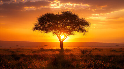 Sunset Landscape: Solitary Tree Silhouette at Golden Hour
