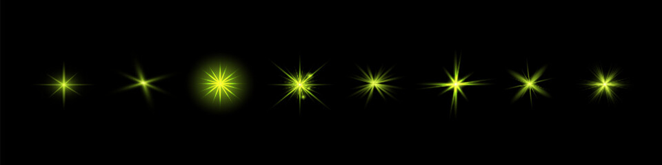 Glow green transparent starlight effect set. Abstract special effect element design. Sparkle, flare, stars. Vector. Eps 10