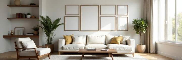 Modern living room with a gallery wall of photo frames in various sizes and shapes, home decor, frame arrangement