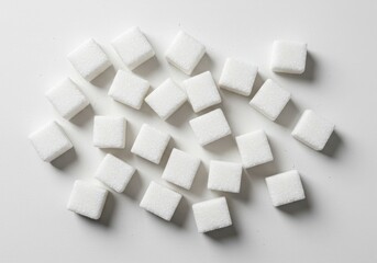 White sugar cubes scattered minimal isolated white background