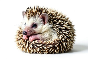Obraz premium Tiny hedgehog curled in a ball, isolated on pure white background, fauna, profile, ball