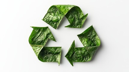 Transparent PNG of a recycling logo embedded in a floating green leaf, symbolizing biodegradable solutions, isolated on a white transparent background
