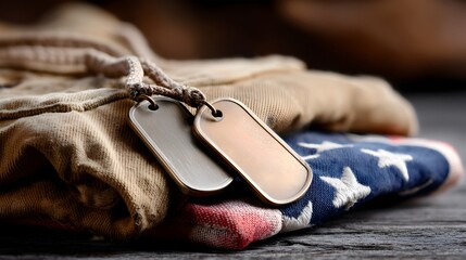 Memorial Day concept, Military dog tags resting on folded clothing with an American flag.