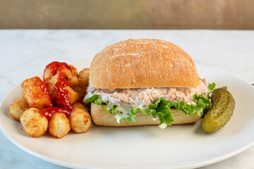 tuna salad sandwich  with tater tots