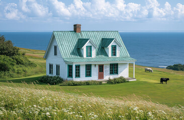 White house with green roof on grassy field by the ocean