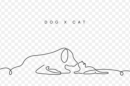 Cute Cat and Dog single line art vector illustration. Continuous one line drawing of cat and dog.	