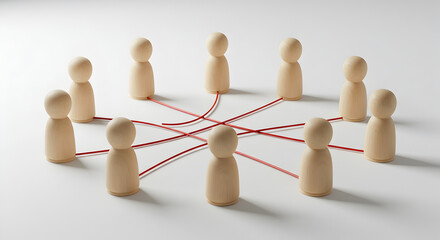 Obraz premium Network of Wooden Figures Connected by Red Threads on a White Surface Representing Teamwork