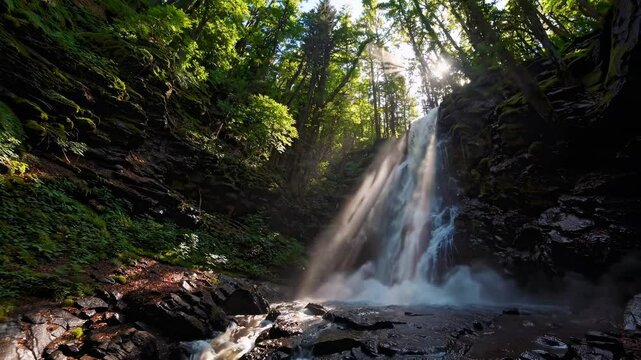 Captivating waterfall cascades through lush greenery at midday in a serene forest setting