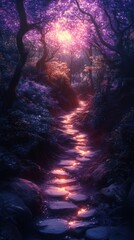 Fototapeta premium Enchanting Forest Path with Flowing Stream and Luminous Evening Sunlight - Tranquil Nature Photography Art