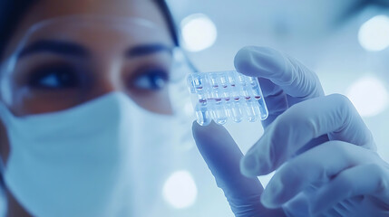 A person holding a small microfluidic chip for rapid blood testing, visible microfluidic channels and sample droplet, clean medical lab background