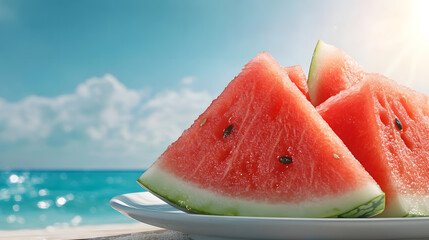 Fresh Watermelon Slices on White Plate by Ocean Under Blue Sky