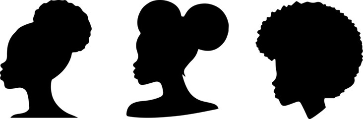 Silhouette profile portrait of young african american woman, vector illustration of girl head with stylized haircut 