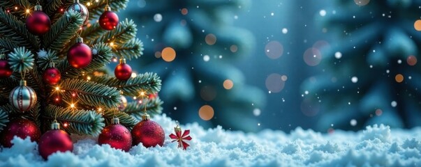 Fototapeta premium Winter festive background with Christmas tree, snowflakes, and ornaments , festive, lights, tree