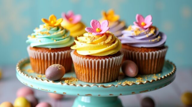 Vibrant pastel-colored cupcakes with edible flower decorations and golden sprinkles arranged on a vintage turquoise cake stand.