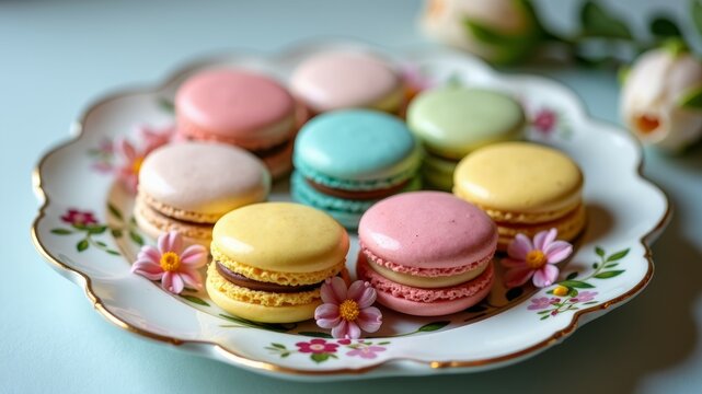 Delicate pastel macarons arranged on a vintage floral plate with scattered pink flowers.