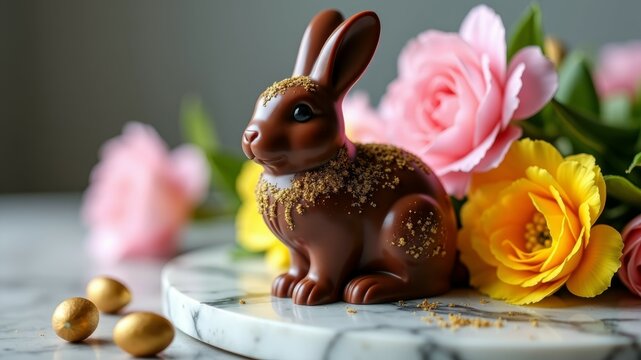 A decadent milk chocolate bunny adorned with golden sprinkles sits amongst vibrant pink and yellow peonies on a marble surface.