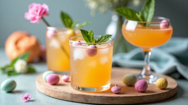 Refreshing orange cocktails garnished with mint and colorful fruit on a wooden board, springtime vibe.