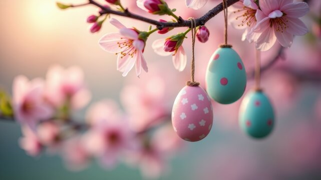 Delicate pink cherry blossoms frame colorful, patterned Easter eggs gently suspended from a branch.