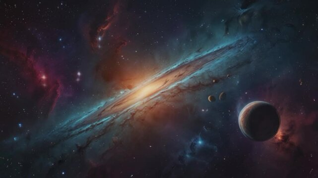 a stunning and colorful cosmic scene. In the center, there is a formation of gas and dust clouds that stretch like a spiral galaxy that has not yet fully formed or perhaps a very large and dynamic neb