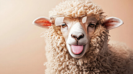 Close-up portrait of a wooly sheep wearing translucent sunglasses, tongue sticking out in a cheeky pose