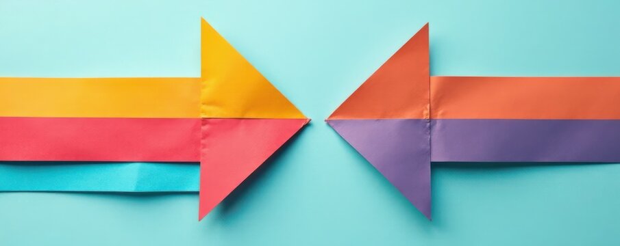 Two paper arrows diverging from a point, contrasting directions, path, contrasting