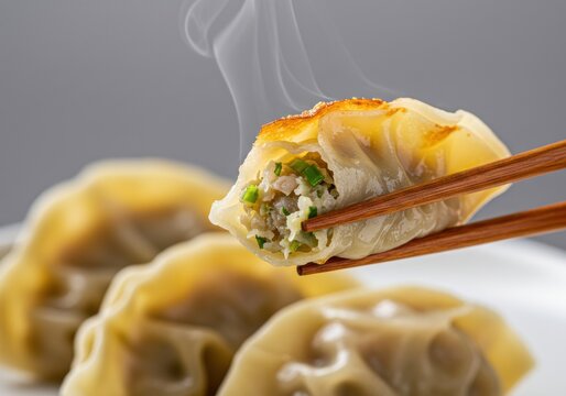 Asian cuisine potsticker dumpling wooden isolated white background