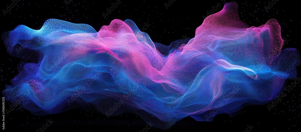Wall mural abstract background with blue and pink glowing dots on a black canvas, creating dynamic waves of lig